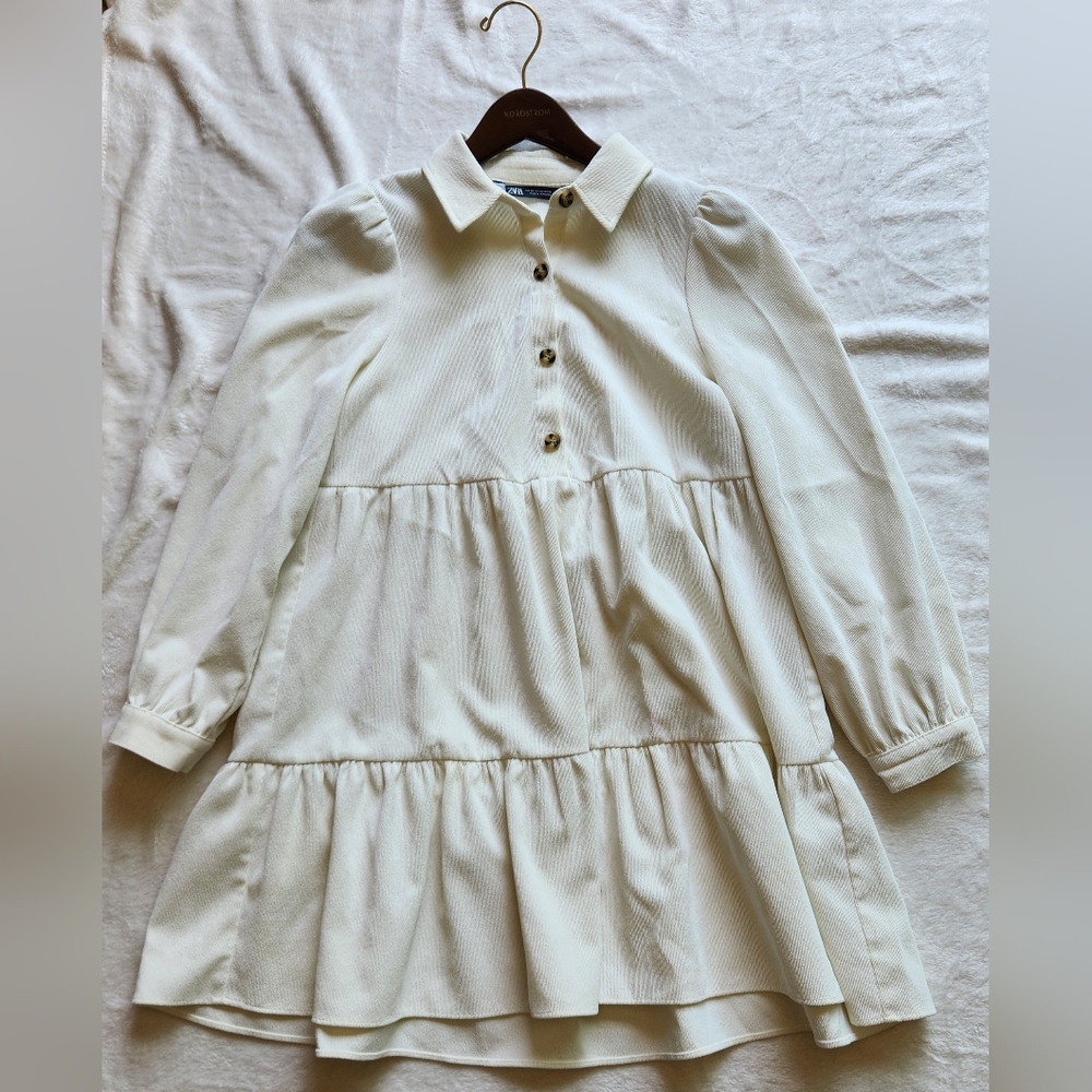 LIKE NEW Zara Cream Tiered Ruffled Oversized Dress with Bishop Sleeves